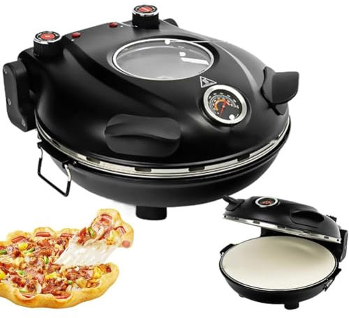 OFNHJK Electric Pizza Oven, 1200 W Portable Electric Pizza Oven, with Stone Base & Glass Window, Adjustable time & temp to 420℃, 12 Inch Indoor Pizza Oven for Crepes, Pancakes Black