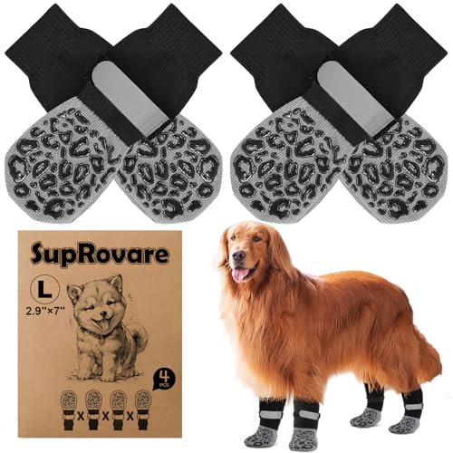 SupRovare 4 Stück Hundesocken Anti Rutsch,Doppelseitig Hundesocke mit Klettverschluss Riemen Leuchtband,Hunde Schuhe Outdoor,Sternenmuster Hundesocken Leckschutz,Hundeschuhe Winter,Hunde Hausschuhe(L)