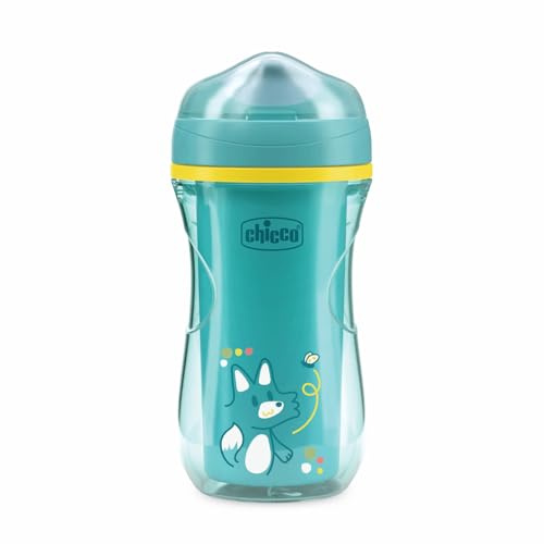 Chicco Taza Active Cup, Vaso de plástico para niños 266 ml, Vaso para biberón 14+ meses para aprender a beber, Térmico con boquilla ergonómica antimordeduras y válvula Easy Sip, 0% BPA, Azul