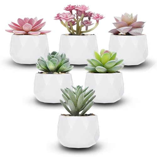 WATUNID Set of 6 Fake Plants, Mini Faux Succulent Plants, Artificial Plants in Pots Indoor Outdoor, Decorative Potted Artificial Plants Indoor for Bedroom Bathroom Living Room Table Office Shelf Decor