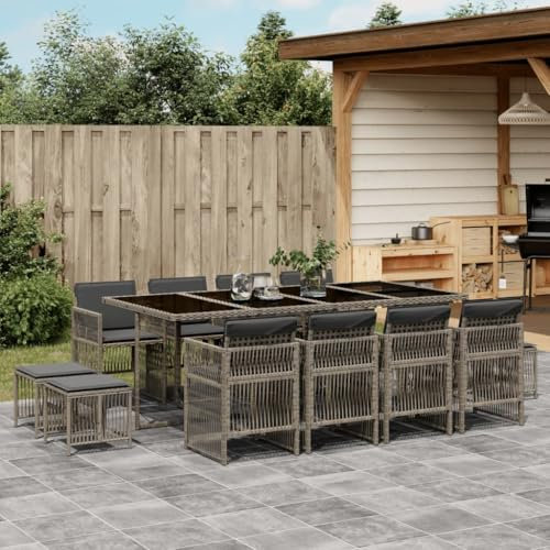 IKAYAA Gartenmöbel Set Rattan 12 Personen Garten sitzgruppe 12 Personen Gartentisch Set mit 12 stühlen Gartengarnitur Sitzgarnitur Essgruppe mit Kissen-Grau-13-tlg