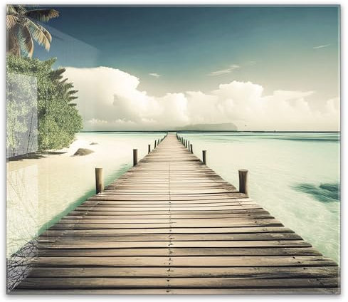 timalo Küchenbild aus Acrylglas modernes Wandbild Glasbild Deko Küche XXL Bild wie Glas | 60x52cm Holzsteg am Strand – Meer, Sand, Himmel, Urlaub, Palmen, Sommer, Natur