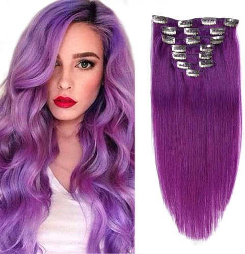 Extensions de cheveux à clip pour femmes, Véritables extensions de cheveux humains épais de la racine à la pointe, Pinces à cheveux naturels en sept pièces, violet #Lila,18inch (40cm)