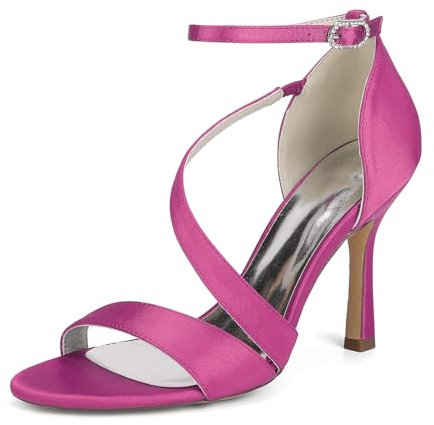 HFWXYSA Sandali da donna con tacco a spillo bianchi punta aperta matrimonio estate strass cinturino alla caviglia scarpe da sera, Fucsia, 36 EU