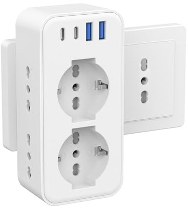 Aochxin Presa Multipla con 2 Schuko e 4 Prese IT, Spina Italiana, Multipresa Salvaspazio con 4 USB, Adattatore Spina 16A per Cucina, 3680W Tripla Presa per Ufficio Casa Viaggio, Bianco