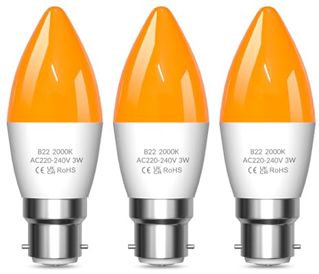 Lamptobe Amber Light Bulbs 2000K, C35 BC B22 LED Bayonet Candle Bulb 3W Yellow Soft Warm Sleep Light Bulb Blue Light Blocking for Bedroom,Healthy Sleep, Baby Nursery Light, Night Light, 3-Pack
