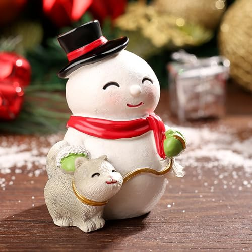 QINJIEJIE Snowman Cat Figurines Christmas Resin Indoor Decor