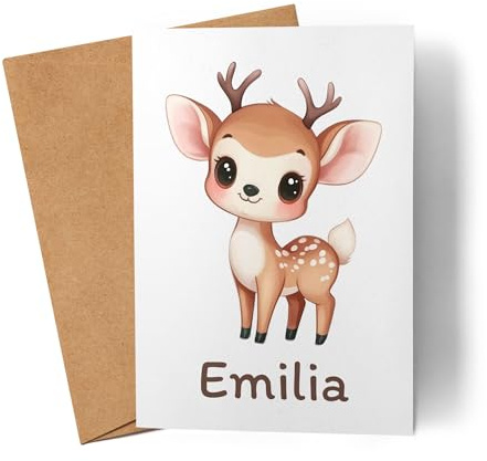 Kiddle-Design Personalisierte Karte mit Namen für Kinder, Faltkarte Glückwunschkarte REH zur Geburt, Taufe, Einschulung oder Geburtstag – Klappkarte Tiermotiv Jungen Mädchen