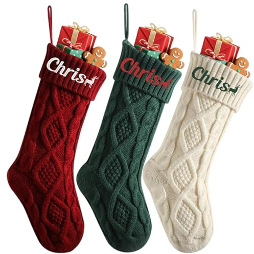 Großer Weihnachtsstrumpf mit besticktem Namen, gestrickter Weihnachtsstrumpf für Weihnachten, Familienfeier, Kamin-Dekoration, 45,7 cm