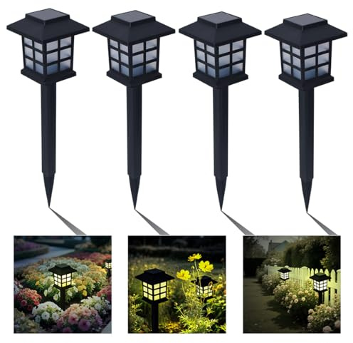 Anern 4PCS Lámpara Solar LED Exterior Jardín 1W 3.7V Luces Solares Jardín Luz Cálida Automática Recargable IP55 Lámpara Solar de Suelo para Caminos Césped Terraza Patio