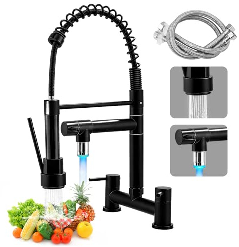 2 Hole Bridge Kitchen Mixer Tap, Dual Lever Sink Faucet with 360° Swivel Brass Spout & 2 Spray Modes, Corrosion-Resistant Ceramic Valve, Easy Install Deck Mounted for 180mm Centers UK Standard (C01)