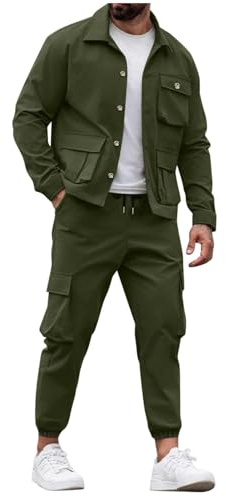 Herr cargo träningsoverall 2 delar långärmad knapp ner jacka byxor flera fickor kläder utomhus äventyr set, gRÖN, XL