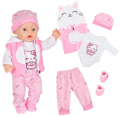 Puppenkleidung für 14-18 Zoll Baby Puppen, 5 Stück Rosa Katzen-Body-Set, Umfasst 1 Katzen-Kapuzenweste, 1 Langarm-Body, 1 Hose, 1 Mütze, 1 Socken, Geschenk für Mädchen (Puppe Nicht enthalten)