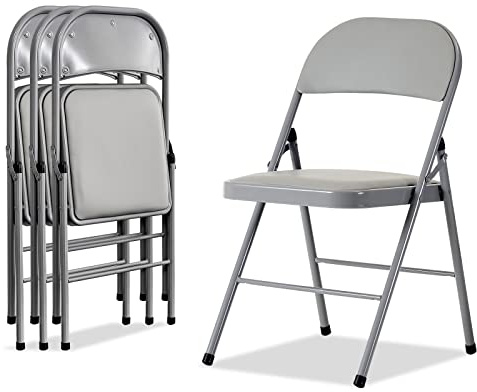 Bonnlo Set de 4 Sillas Plegables de Acero y PVC, Sillas Acolchadas, Estructura de Acero Resistente, hasta 150 kg, para Eventos, Ferias, Oficina y Hogar, Gris
