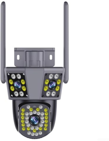 Telecamera a 360 gradi, telecamera di sicurezza notturna a colori 2K a triplo schermo con alloggiamento in ABS resistente alle intemperie per sorveglianza a tutti gli angoli, grigio