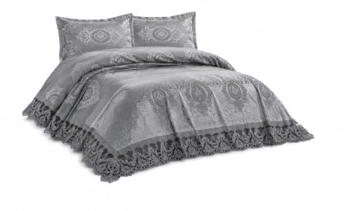 Ilkadim Export Chenille Tagesdecke Set 265 x 275cm mit 2 Kissenbezügen 60 x 80cm - Elegante Tagesdecke mit Spitzenbordüre und Jacquardmuster - Bettüberwurf für Doppelbett (Dunkel Grau)