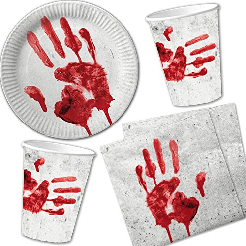 DH-Konzept 40-teiliges Halloween-Set * BLUTIGE Hand * mit Pappteller + Servietten + Pappbecher + Deko // Teller Becher Essen Pappe Geschirr Party Dekoration Mottoparty Horror