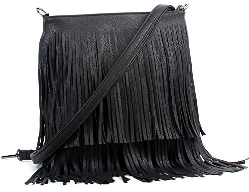 AOSSTA Borsa a tracolla da donna con frange e nappe, borse a tracolla da donna casual, Nero , Small