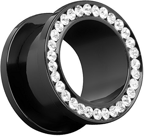 Piersando Flesh Tunnel Ohr Piercing Plug Ohrpiercing Schmuck Schraub Edelstahl Titan Eloxiert mit Zirkonia Kristall Steinen am Rand 10mm Schwarz