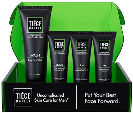 Tiege Hanley Skin Care Set for Men, Essential Routine, System Level 1, Daily Face Wash, Facial Scrub, Moisturizer With SPF, and Night Cream for Healthy, Hydrated Skin, Men’s Skin Care, 4 Piece Kit