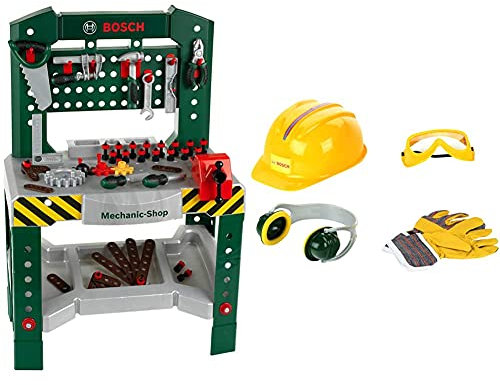 Theo Klein Bosch Werkbank 77-teilig I Mit Schraubendreher und -schlüssel I 57 cm x 35 cm x 86 cm & Zubehör-Set I Hochwertige Arbeitshandschuhe, Brille, Ohrenschützer und Helm I 30 cm x 38 cm 10 cm