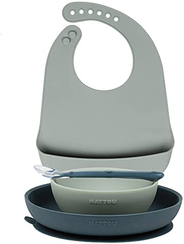 Nattou Silikon-Geschirr für Kinder, 4-tlg., 1 Löffel, 1 Teller, 1 Schale, 1 Lätzchen mit Auffangschale, BPA-frei, Silicon, Grün/Blau
