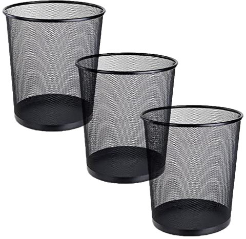 FWEEK 3 Pack Mesh Waste Paper Bin 12 Litres Metal Waste Basket Small Trash Can Rubbish Bin for Bedrooms Bathrooms Office Home Kitchens Supplies, 24 X 26cm Black Circular