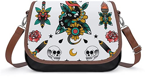 Tryckt Crossbody Väska Läder Axelväska Dam Messenger Handväska Klassisk City Väska Traditionell skalle