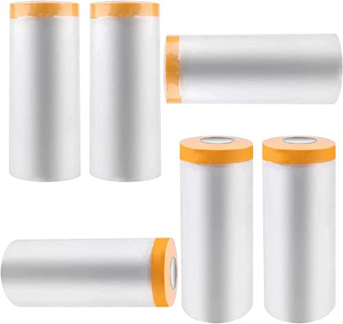6 Rollen Malerfolie mit Klebeband, 110 cmx20m/150cm x 20m/180cm x10m Transparent Abdeckfolie mit Selbstklebende Malerfolie Malerband UV Beständig Goldband Masker Tape Malerkrepp zum Staubschutz