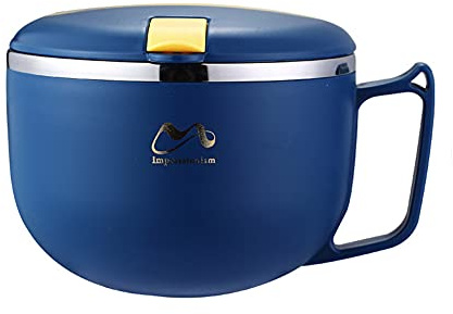 FIYSON Stainless Steel Soup Bowls with Handles,Instant Noodle Bowl with fork,Ramen Cooker Insulation Bowl with Sealing Lid/Mobile Phone Holder,Student Lunch Box Food Storage Container (Blue,1200ml)