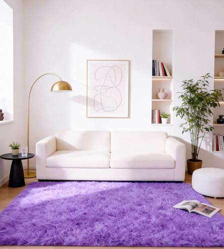 MARATIP Teppich Wohnzimmer 120x160 cm Violett CarpetSchlafzimmer rutschfest Waschbarer Deko Jugendzimmer Kinderzimmer | Hochflor-Teppich, waschbar, rutschfest, kuschelig. Ideal für Schlafzimmer, Arbeitszimmer und Kinderzimmer.
