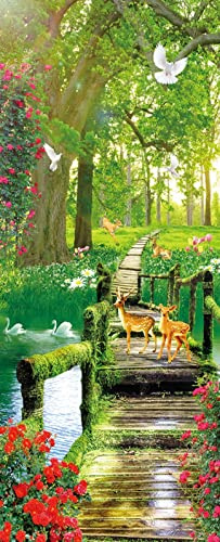 A.Monamour Adesivo Porta Autoadesiva 3D Ponte Di Legno Nella Foresta Di Fantasia Con Uno Scenario Da Giardino Di Cervi Vinile Adesivi per Porte Interne Pellicola Adesiva Poster Sticker Murale Parete