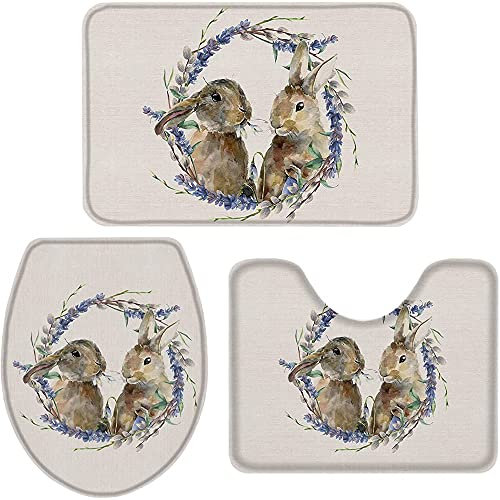 Set 3 Teilig Badvorleger Süße Häschen Mit Lila Kranz Auf Retro Anti-Rutsch Bade-Matte+Kontur+Wc-Deckelabdeckung Weiche Badgarnitur Badematten Für Wohnzimmer Wc-Sitz Bezug Badezimmer