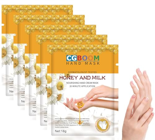 CGBOOM 5 Pairs Hand Masks Moisturizing Gloves, Hand Skin Repair Renew Mask Infused Collagen, Vitamins + Natural Plant Extracts for Dry, Aging, Cracked Hands (Honey and Milk)
