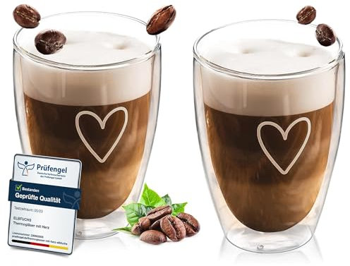 ElbFuchs® Tasses double paroi [2x 350ml] IDÉE CADEAU avec COEUR | Verre double paroi idéaux comme tasse cappuccino ou verre latte macchiato | Tasse à café original | Tasse transparente