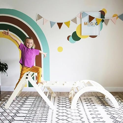 khlerox Climbing Frame with Soft Cushion, 7 in 1 Foldable Indoor Climbing Frame, Montessori Baby Toddler Climbing Toys Indoor, Climber Indoor Set with Arch, Ramp, Ladder (Natural Wood)