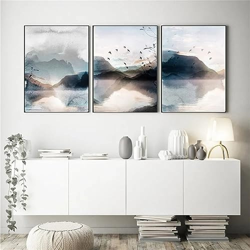 Herfair Bilder Wohnzimmer, 3er Poster Set Landschaft Wandbilder Abstrakt Berg Wasser Aesthetic Kunstdruck Leinwandbild, Ohne Rahmen Wanddeko Poster Schlafzimmer (50 x 70 cm)
