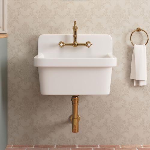 DeerValley Wall Mount Utility Sink 24 Inch, White Laundry Sink, Ceramic High Back Farmhouse Sink for Laundry Room, Garage, Kitchen, Bathroom
