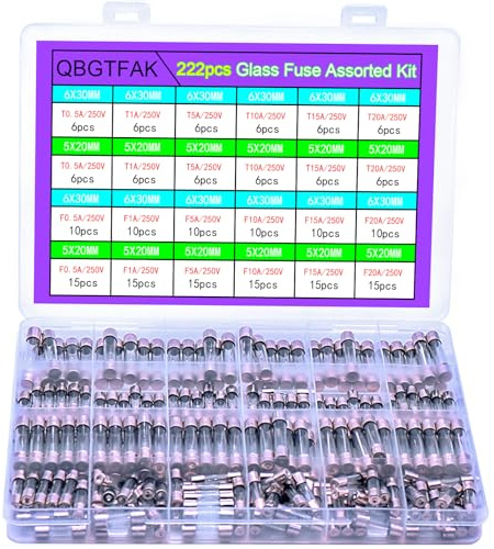 QBGTFAK 24 Values 222pcs 250V Fast Slow Blow Glass Fuses Assorted Kit 6X30MM 250V T 0.5A, 1A, 5A, 10A, 15A, 20A, 5X20MM F 0.5A, 1A, 5A, 10A, 15A, 20A, packag in a Clear Plastic Box