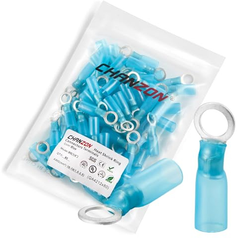 Chanzon 80pcs 1/4 Heat Shrink Ring M6 1/4in Terminal UL Listed 16-14AWG Gauge Eyelet Wire Connectors Waterproof Marine Grade Adhesive Lined Blue Electrical Crimp Connector for Boat Truck Stereo Car