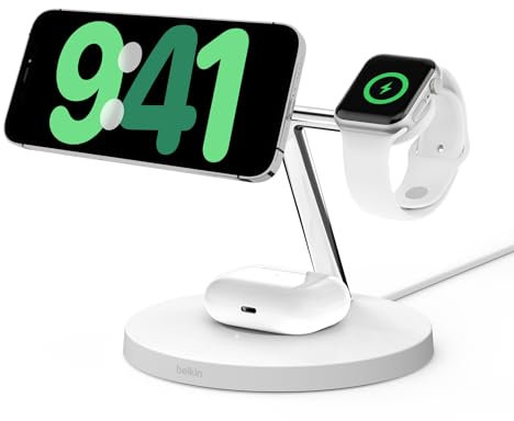 Belkin BoostCharge Pro Caricatore da scrivania 3 in 1 con ricarica wireless 15 W Qi2 per iPhone 15, 14, 13, 12, Apple Watch e AirPods, stazione di ricarica magnetica compatibile con MagSafe, bianco