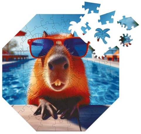 Milliwood Puzzle für die ganze Familie - Funnymals Serie - Puzzles mit einzigartigem Bild - Holzpuzzle für Kinder - Swimming Capybara 34x34cm - 90 Teile