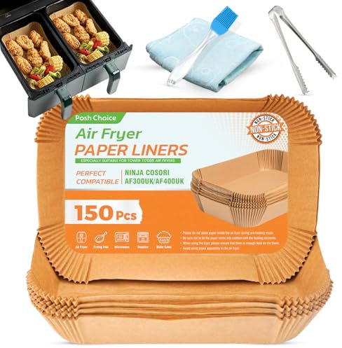 150PCS Air Fryer Liners | Ninja Air Fryer Liners for Ninja Air Fryer, Baking Paper | Disposable Paper Liners for AF300UK, Tower Air Fryer | Silicone Brush | Microfibre Cloth | Steel Tong