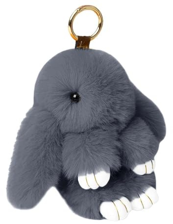 Schlüsselanhänger in Hasenform, weicher Schlüsselanhänger aus niedmem Plüsch-Rex-Hasenfell für Auto-Handtasche, Handtasche, dunkelgrau, 15cm/5.85