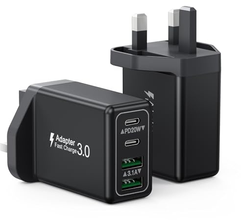 2-Pack USB C Plug, 40W 4-Port USB Charger Plug Fast Charge UK, Dual USBC Power Adapter+ QC USB Wall Plug, Mutil Type C Charging Plug for iPhone 16 15 14 13 12 11 Pro Max Plus, Samsung Charger Head