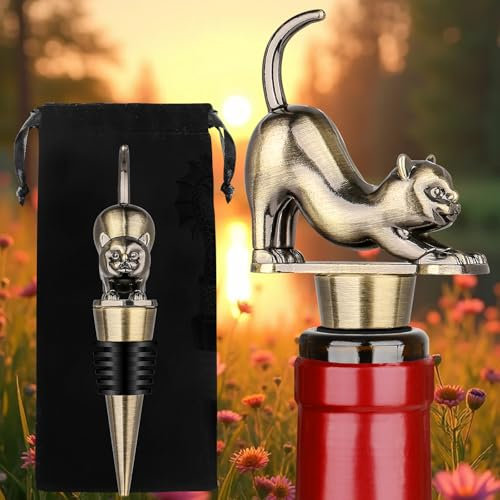 LKKCHER Cat Wine Bottle Stopper, Cat Decorative Gifts for Cat Lovers Women Men, Birthday Fathers Day Christmas Gifts for Women Men, Bronze Cat Wine Saver with Bag