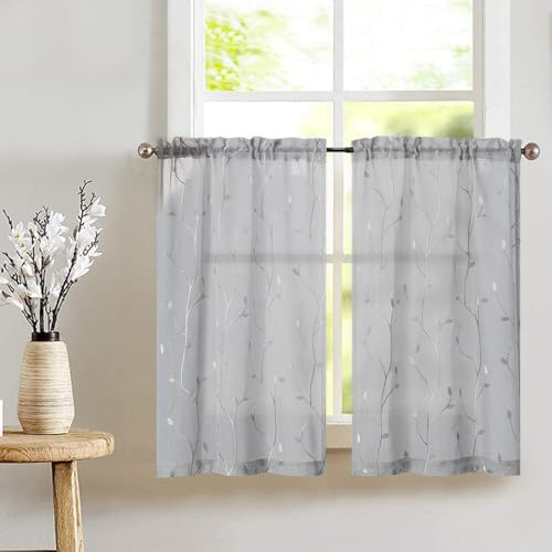 Vangao - Tendine in voile per cucina, moderne, grigie, ricamate, set da 2 pezzi, 65 x 90 cm (larghezza x altezza), con asta, tende rustiche corte per cucina, per bagno, roulotte, piccole finestre