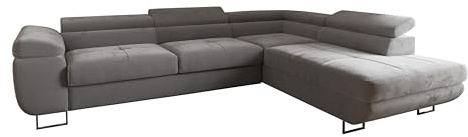 Ecksofa Luna mit Schlaffunktion und Bettkasten – 275x202 cm – verstellbare Kopfstützen – Liegefläche 193x125 cm – Couch – Schlafsofa – L-Sofa mit Stauraum (Monolith 84 Hellgrau, Seite: Rechts)