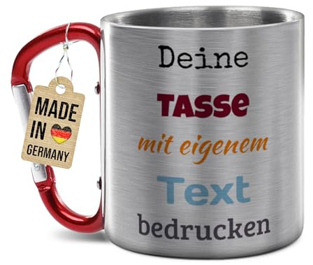 Tassendruck Personalisierte Karabiner Edelstahlbecher mit Name oder Spruch selbst gestalten - Geschenk für Camper, Geburtstagsgeschenk für Wanderer - Edelstahltasse mit Karabinerhenkel rot, 200 ml