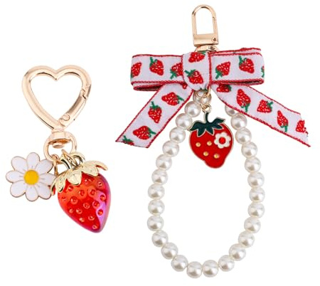 Mikovivi 2st Jordgubbsnyckelringar, Söta Jordgubb Prästkrage Hjärtnyckelringar Väskberlocker Kawaii Rosett Skal Bilnyckelringar Jordgubbsaccessoarer Present för Kvinnor